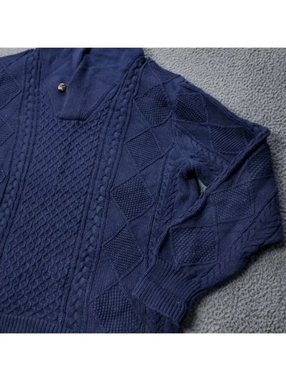 J. Crew Sweater Men Large Cotton Knit Cable Fisherman Button Cowl Pullover Blue